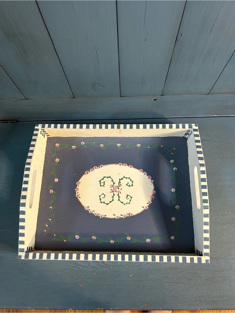 Homegoods Hand-Painted Wooden Blue & Cream Pink Floral Serving Tray 11.5 x 15”